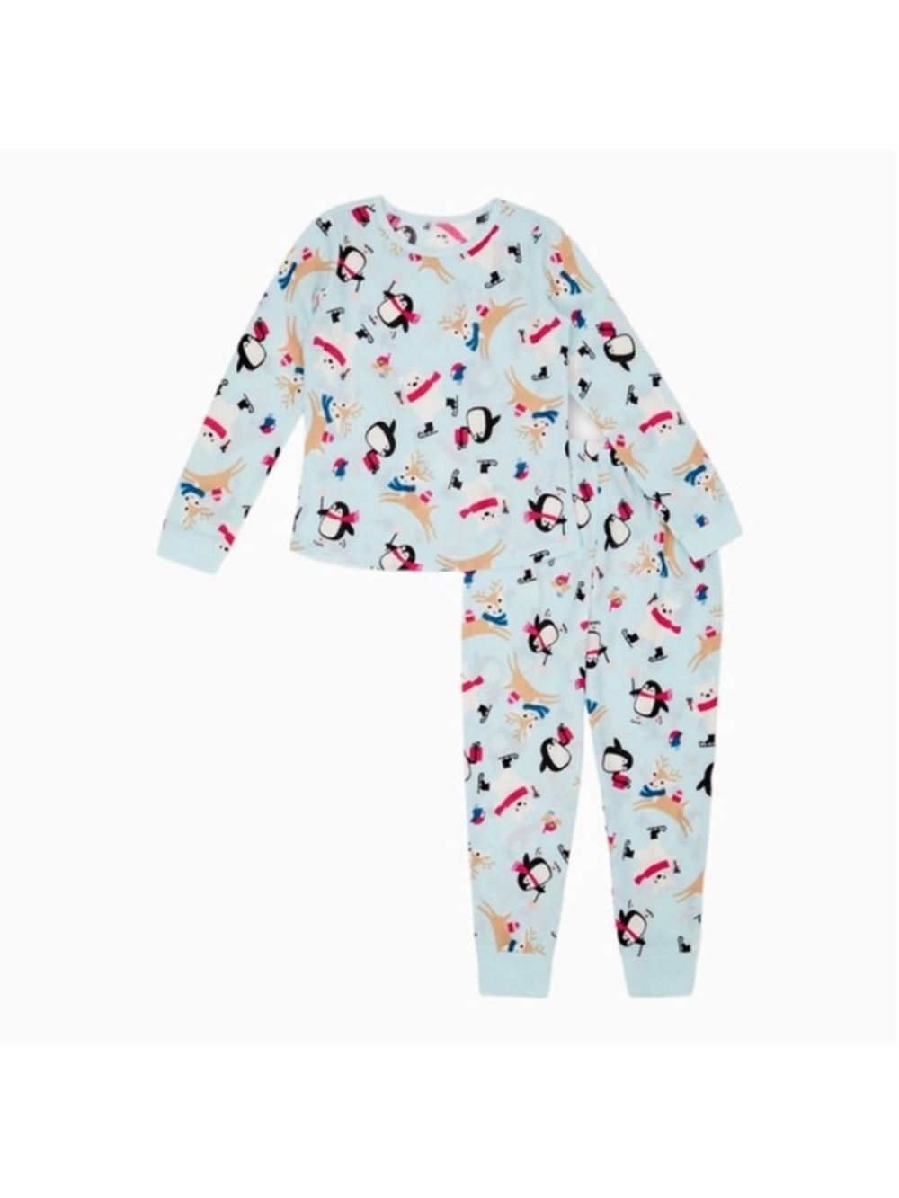 NWT Girls Thermal Pajamas 3 Piece Set with Sleep Mask Holiday Penguin Reindeer